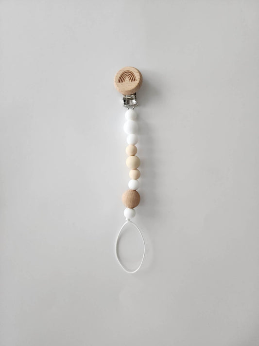 Attache-suce en perles de silicone - Blanc, beige et bois